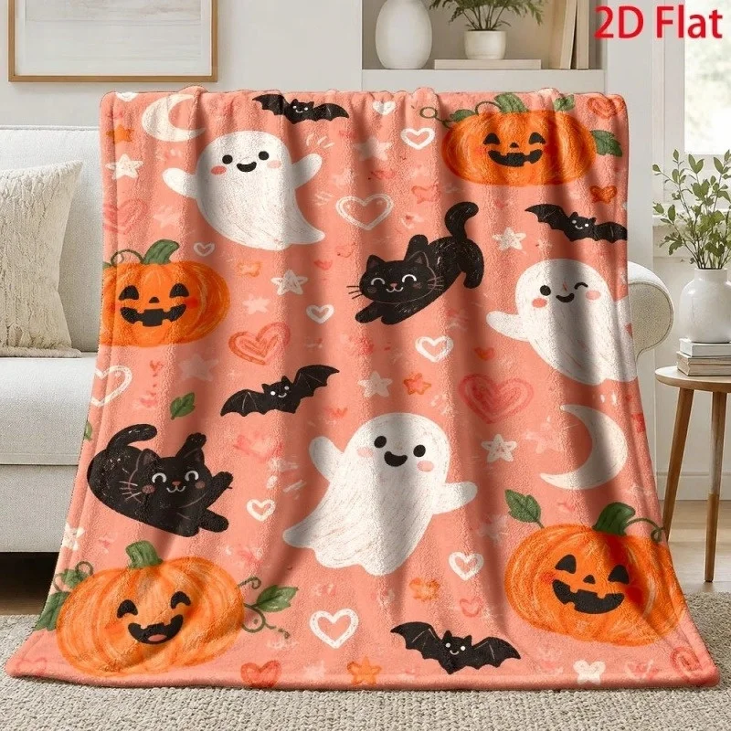 Pink Halloween Ghost Black Cat Pumpkin Flannel Throw Blanket, Heart Bat Star Moon Print Warm Blanket for Sofa Bed Home Decor