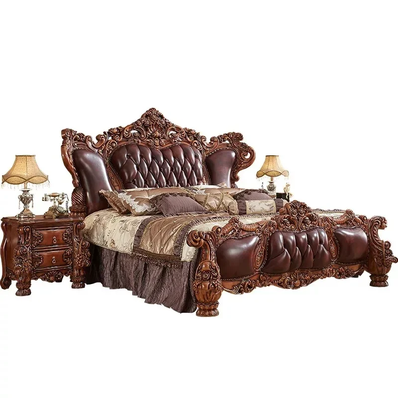 Europäisches Doppelbett aus massivem Holz, luxuriöses Hauptschlafzimmer-Hochzeitsbett, hochwertiges, stimmungsvolles Villenschlafzimmer, luxuriöses, aus Leder geschnitztes Bett