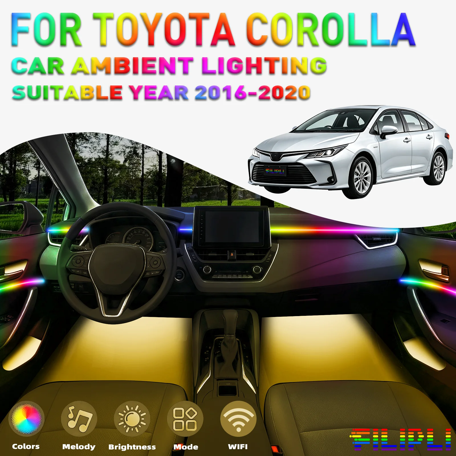 For TOYOTA COROLLA 2016-2020 CAR AMBIENT LIGHTING colorful 6 Lights Kit 256 Colors Iridescent 6 in 1 LED Interior Hidden Acrylic Strip Symphony Atmosphere Lamp Neon Acrylic Light Strip Lighting and Decorative Lamps Long Standby Car Decorative Light