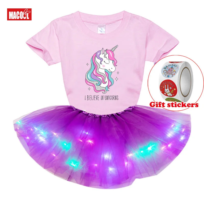 

Girls Tutu Skirt Set Kids Unicorn T Shirt Baby Clothes Toddler Personalized Name Kids T-shirt+Girls' Skirt+Children's Stickers