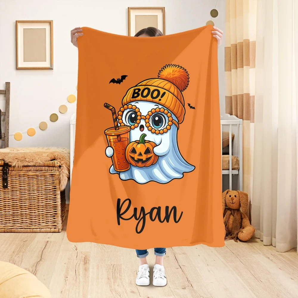 Custom Name Halloween Flannel Blanket Vintage Ghost Cat Flower Pattern Soft Cozy Throw Blanket For Bedroom Couch Holiday Present