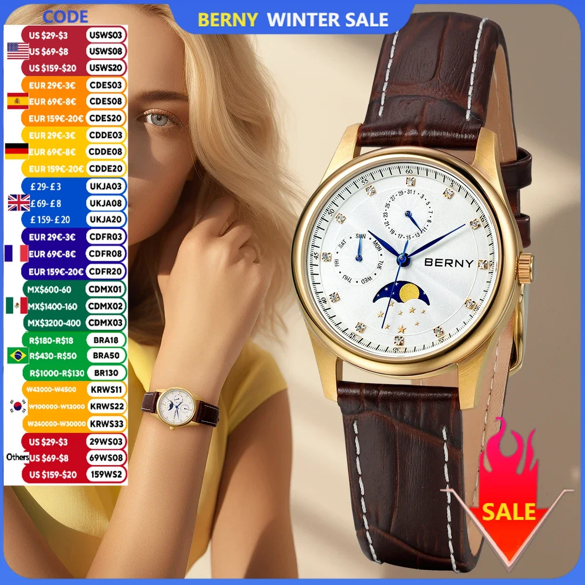 BERNY Watch for Women Calendar Date Week Moon Phase Quartz Women\'s Watches Leather Strap Elegant Casual Ladies Girl Wristwatch