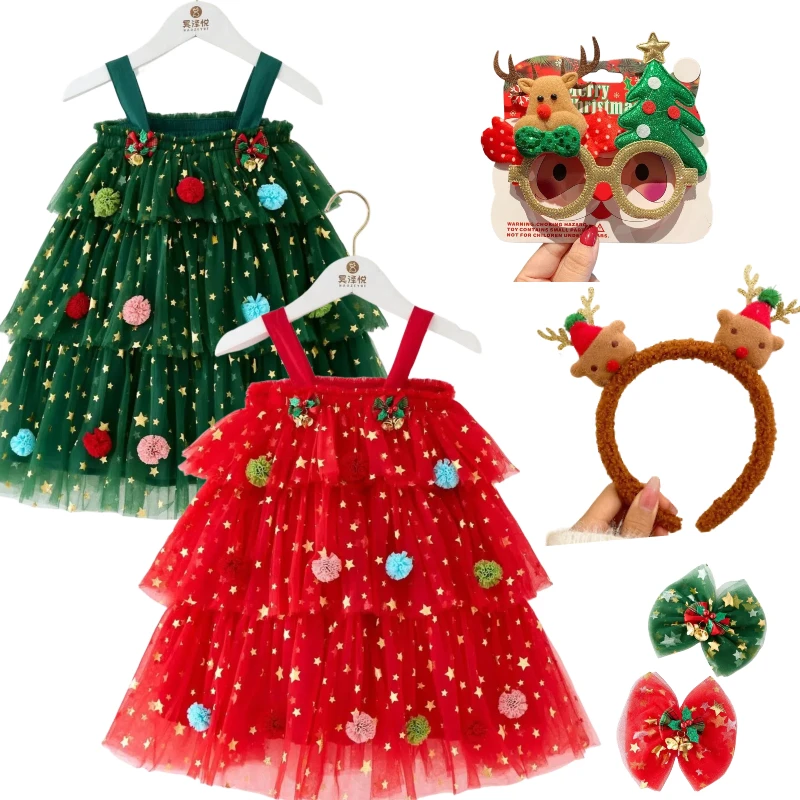 

Christmas Girls Dress Cake Tutu Dresses Princess Cosplay Red Green Costume with Headwear Funny Glasses Full Set Children