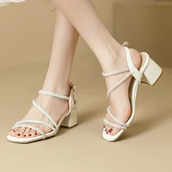 Extra Big Size 48 49 50 51 52 Open Toe Crystal Shiny Strap Party Wedding Women Summer Shoes Square Chunky sandali con tacco alto