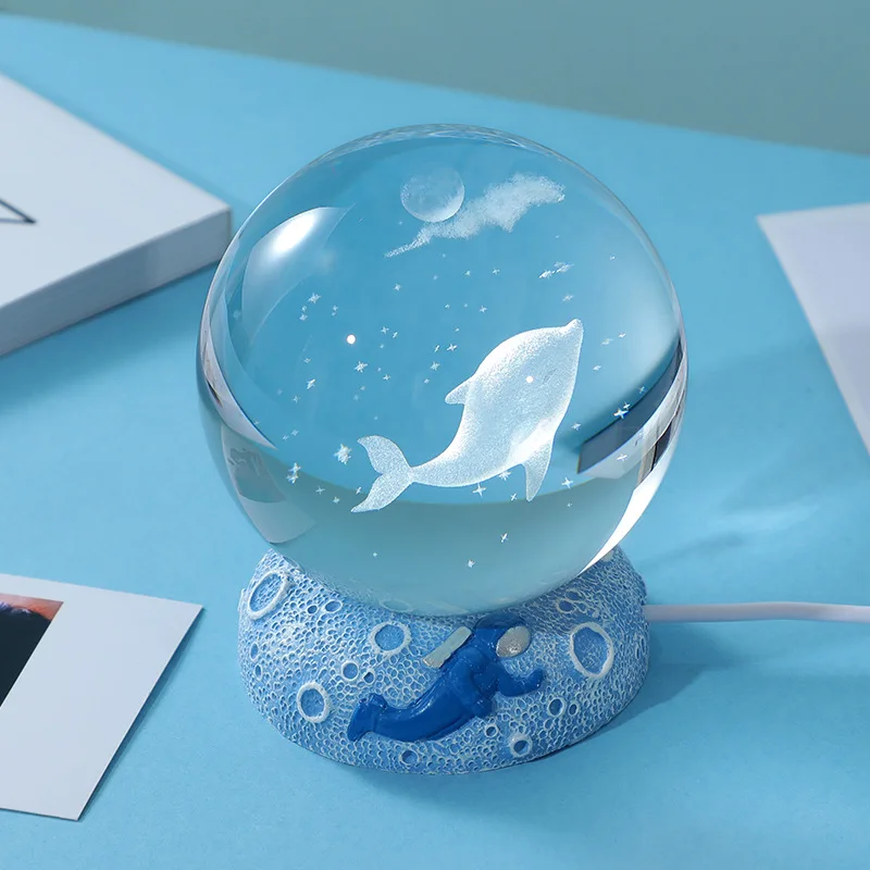 New crystal Ball Night Light Ornament  Luminous Resin Base  Glass Handicraft Ornament 3D Engraved Birthday Gift Home Decoration