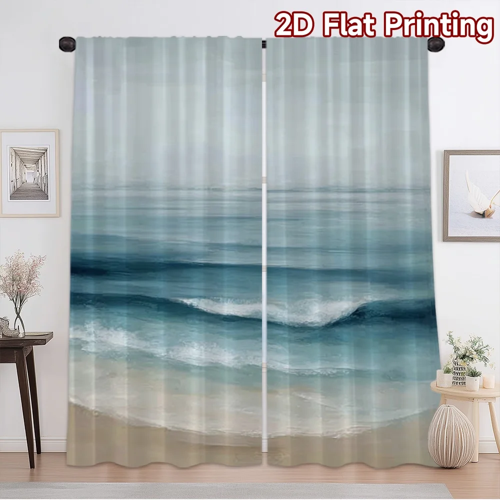 2D flat printing 2pcs Curtain Curtains Peaceful Ocean View Digital Printed Polyester Drapes Birthday Party Perfect for Holiday