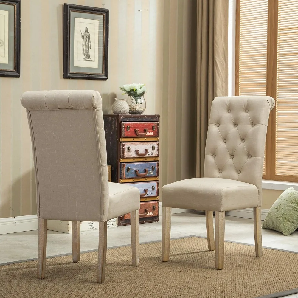 Set of 2 Solid Wood Tufted Parsons Dining Chairs in Tan, Modern and Durable