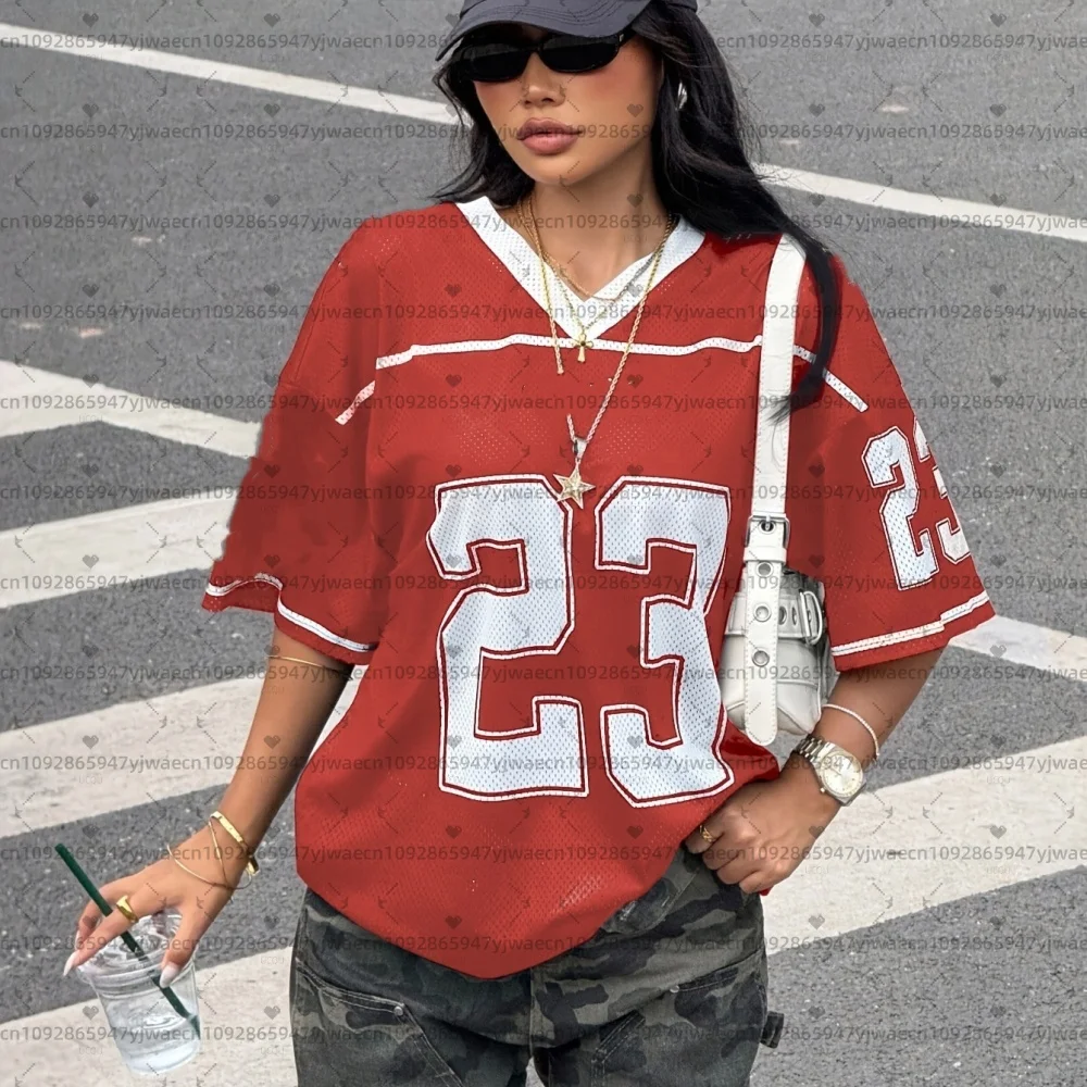26 Women American Retro 23 Print Lightweight Breathable Mesh fabric V-Neck Short Sleeved baseball T-Shirt Women Jersey T-Shirt