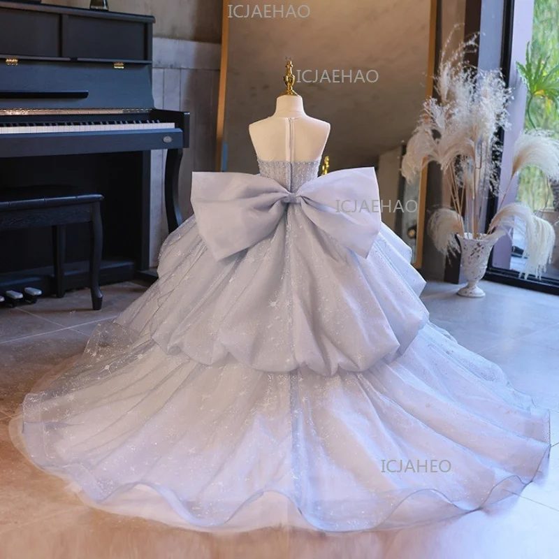 2026 Kids Formal Dress New Children Girls Strapless Model Sweep Train Princess Gown Little Piano Performance Pageant Costume