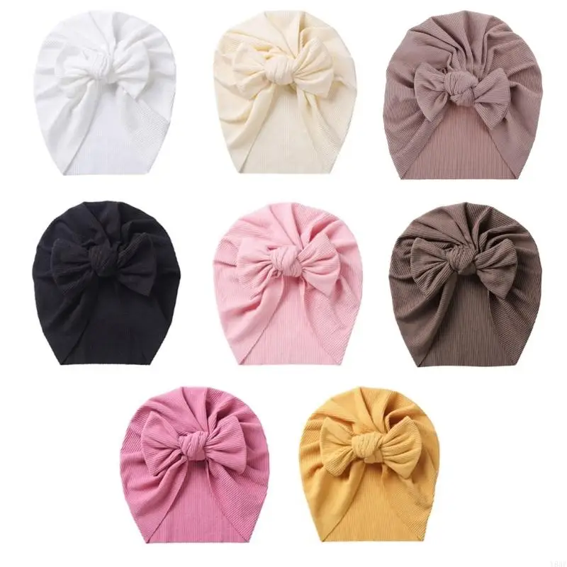 Y8AF Baby Turban Hat with Bow Knot for Boys Girls 0-24M Breathable Soft Comfort Headdress with Highly Stretchy Universal Size