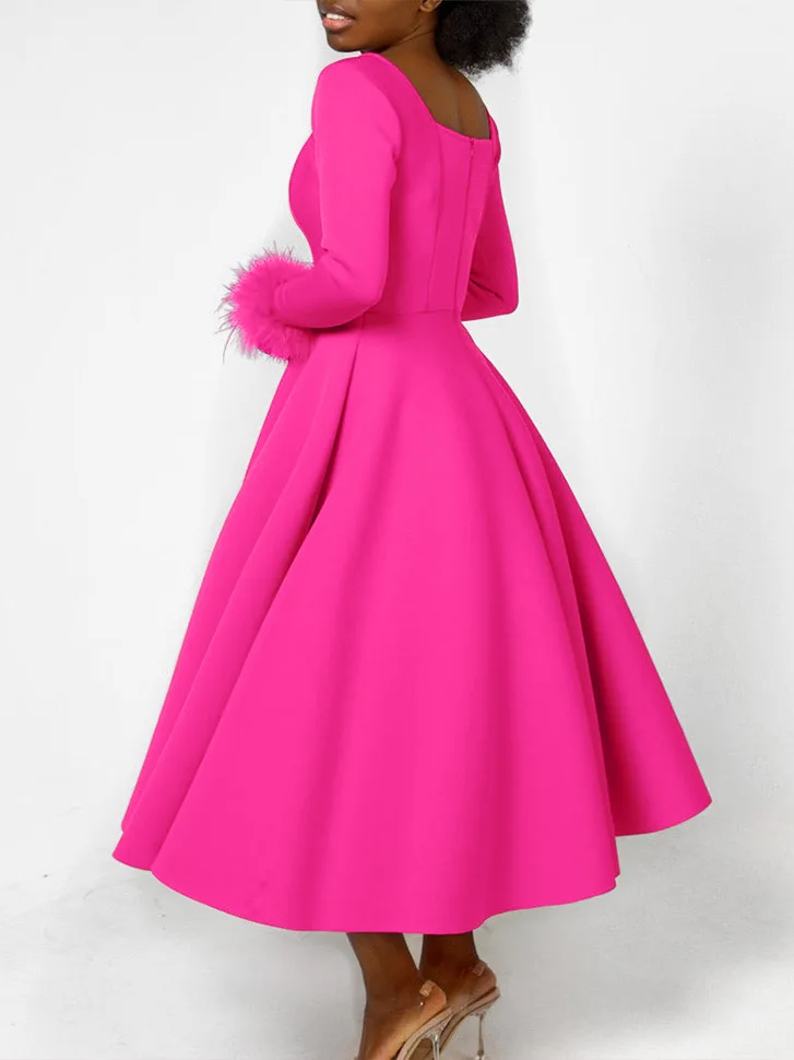 

Elegant winter temperament with furry decorations, large skirt dress, African dress, banquet party dress