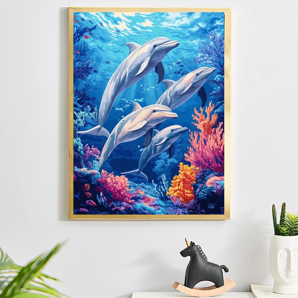 Malen nach Zahlen für Erwachsene, Delphin, Unterwasserwelt, Acrylfarben, Zeichenpinsel, Malleinwand für Erwachsene, Bild, Kunsthandwerk