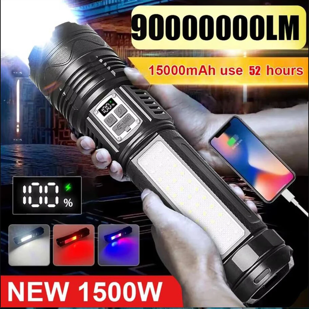 

Most Power LED Flashlights COB Sidelight Built-in Battery 15000mah Tactical Flashlight Emergency Spotlight Most Powerful Lantern