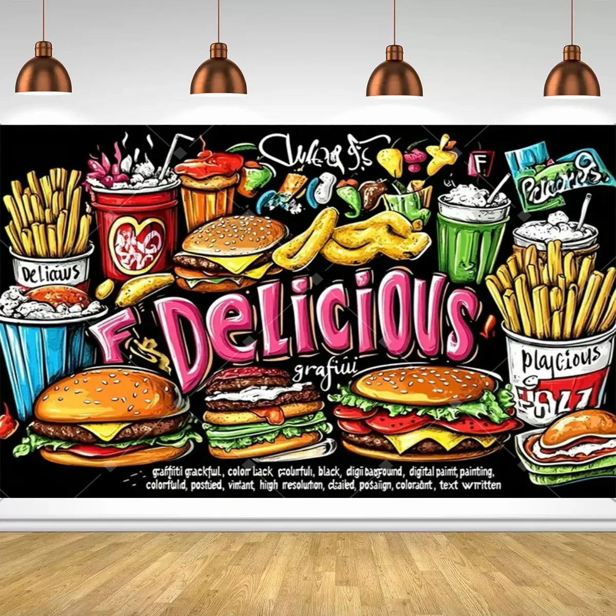 Fast Food Hamburger French Fries  Graffiti Style Photo Backdrop Kids Birthday Party Supplies  Restaurant Booth Decoration Banner view 5