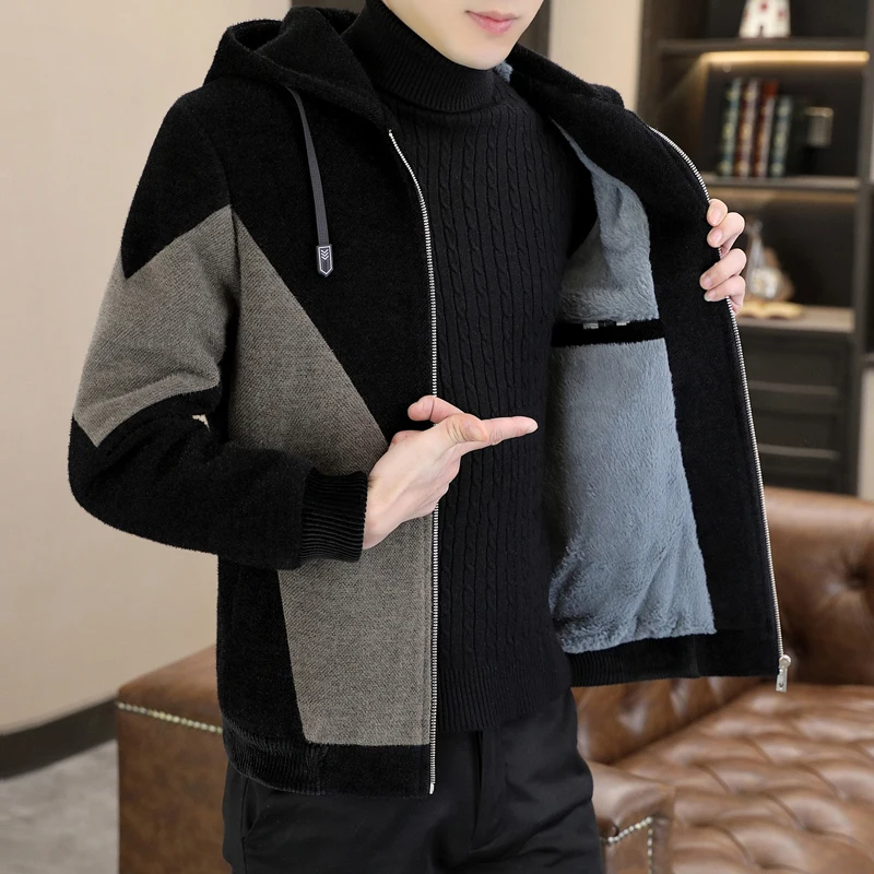 

Winter Men's Faux Mink Hooded Jackets Thermal Fleece Basic Coat Warm Comfort Cozy Outerwear Khaki/Black Attire Sizes 170-195