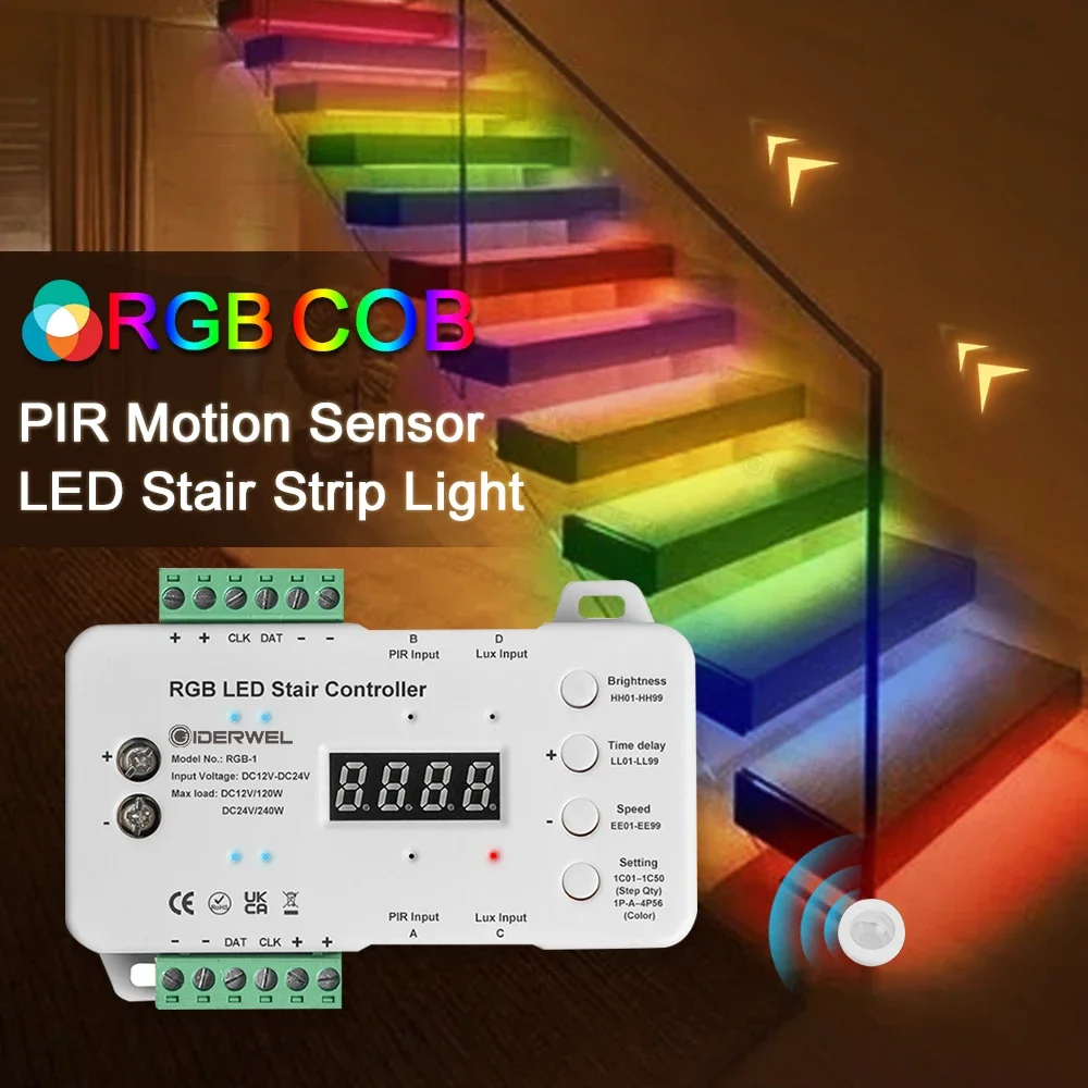 PIR-Bewegungsmelder, RGB-COB-Treppenlichtstreifen, DC24V, LED-Dimmung, Tageslichtsensor, einfache Verbindung und Installation, dekorativ für