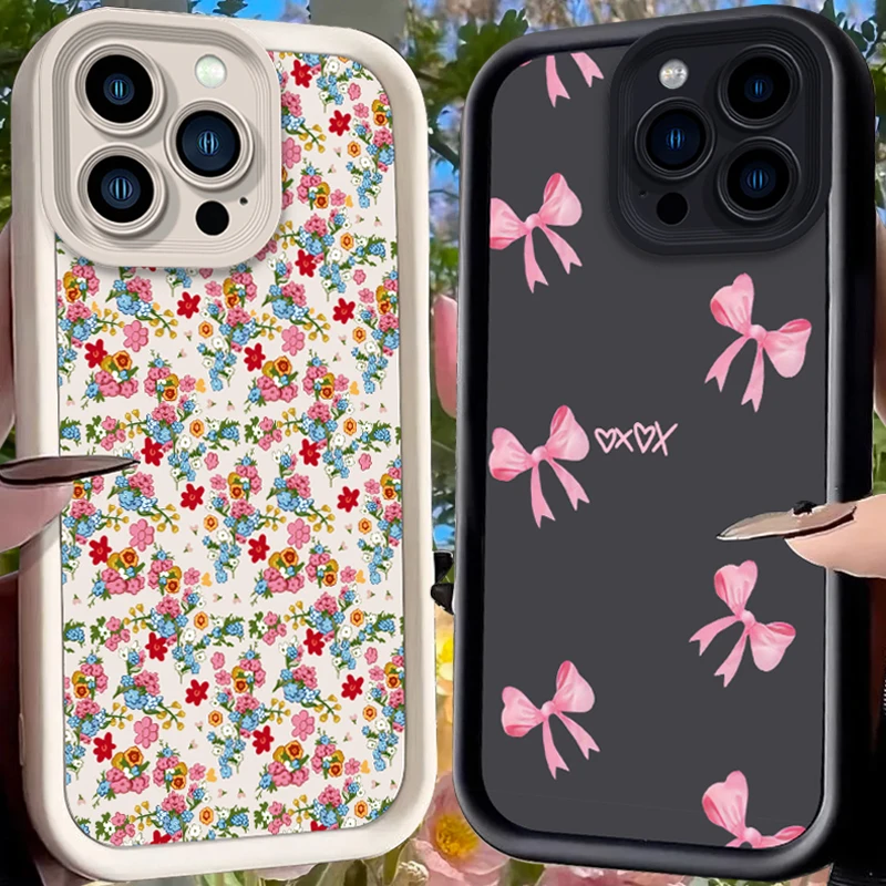 Розовый атласный чехол для телефона с бантом и сердечками XOXO для iPhone 17 Air 16 E 15 14 Plus 13 12 Mini 11 Pro Max, мягкий силиконовый чехол из жидкого силикона