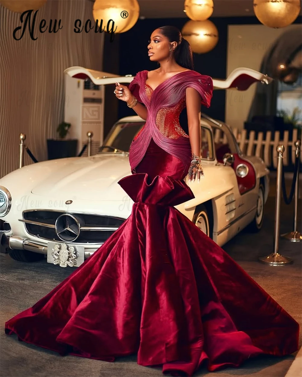 chinese dress ladies Burgundy Velvet Long Sleeves Mermaid Party Dress, Long Prom Dress –  Cutedressy