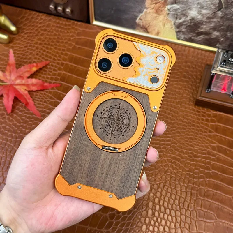 Walnut Backboard Metal Frameless Magnetic Phone Case For iPhone 18 17 16 15 14 13 Promax 360 ° Rotating Bracket Protective Cover