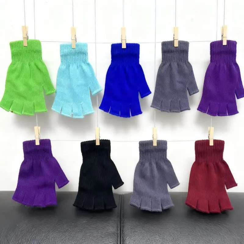 

HOT Solid Color Winter Knitted Gloves Half Finger Fingerless Gloves For Women Men Cycling Writing Gloves Wrist Mittens