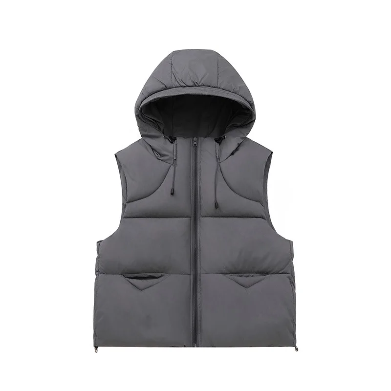 Women Hooded Parkas Vest Coats Solid Oversize Jacket Sleeveless Drawstring Hem Zipper Thick Loose Fit Casual 2025 Autumn Winter