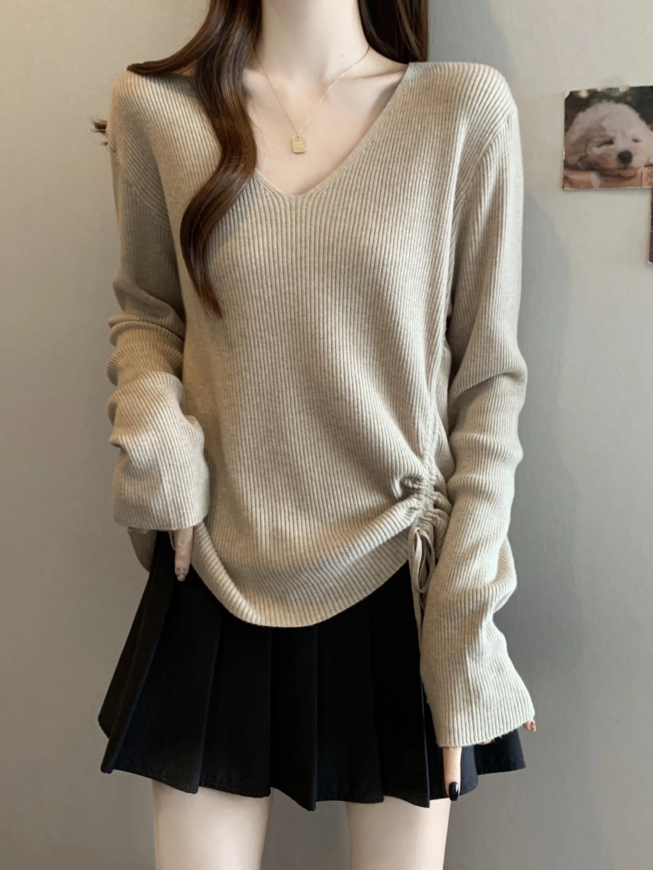 

plus Size Women's V-Neck Long Sleeve Knitwear Loose Fit Slimming Design Drawstring Top Korean Style High Waist A-Line Skirt