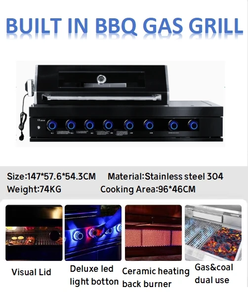 Black 6-Burner Built-in BBQ Gas Grill Outdoor Cooking Barbecue with Infrared Back Burner