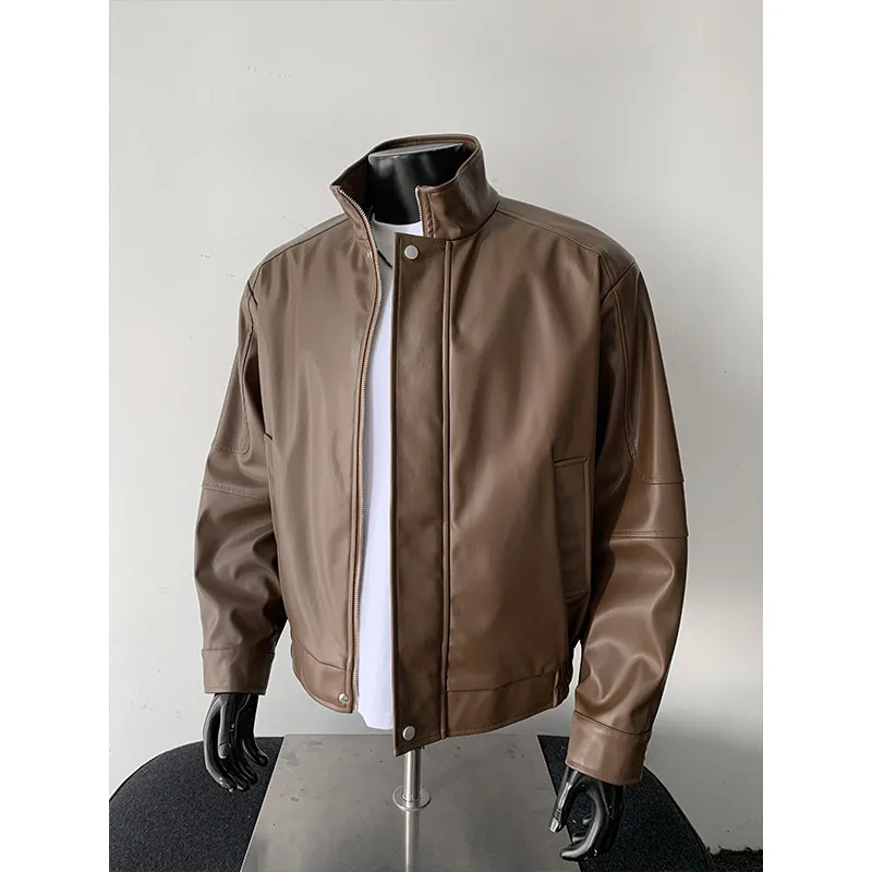 

American Sle PU Leather Biker Jaet Stand Collar Casual Flight Loose Fit Men's Casual Faion Outerwear Coat