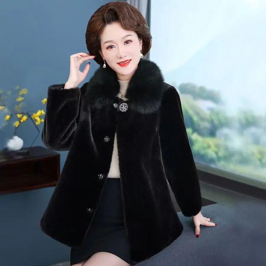 Middle-aged Elderly Mother Faux Mink Fur Jacket Women High End Fashion Fur Collor Fur Coat Thicken Warm Soft Short Overcoat 4XL