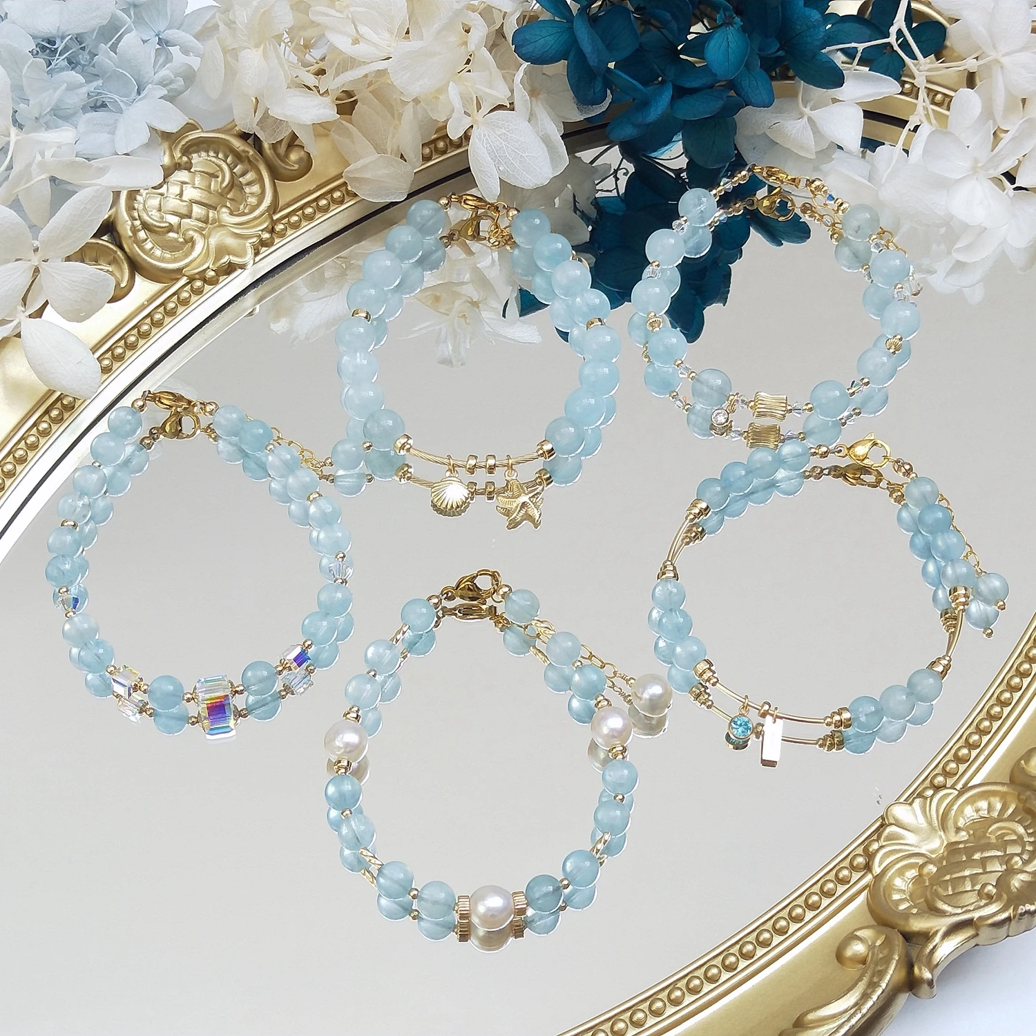 

Lii Ji Natural Aquamarine 6mm/8mm 18+3cm 14K Gold Filled Charms Bracelet Handmade Bohe Fashion Jewelry