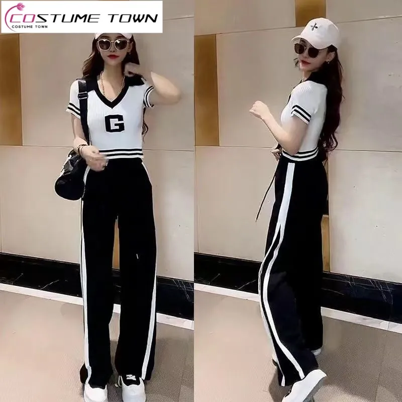 2023Fashion Casual Sports Suit Women\'s New Summer V-neck Short-sleeved T-shirt Contrast Color Wide Leg Pants Two-piece Set