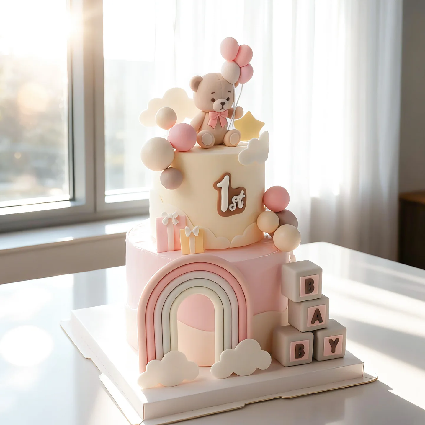 Bären-Kuchendekoration Babybär mit Ballon-Wolke Kuchenaufsatz Rosa Schleife Bär Regenbogen Kuchendeko für Geburtstag Babyparty – Detail 5
