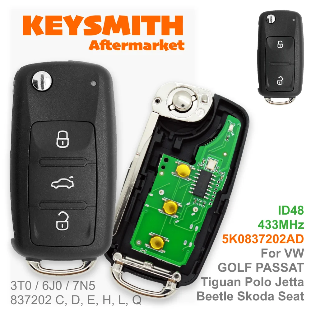 

KEYSMITH 3BT Remote Flip key 433MHz ID48 Chip for VW Volkswagen GOLF PASSAT Tiguan Polo Jetta Beetle Skoda Seat Car 5K0837202AD