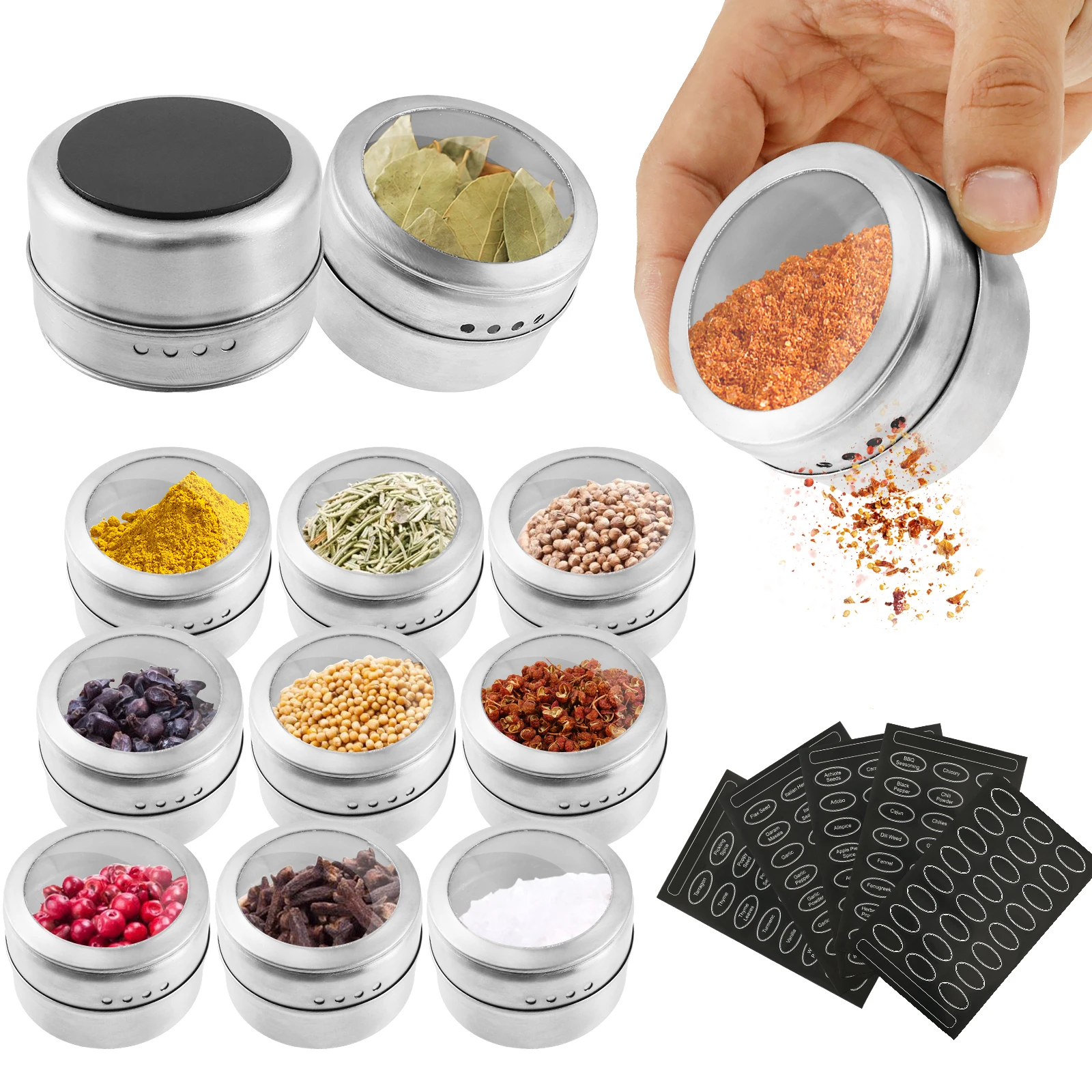 

12PCS Spice Jars Magnetic Spice Tins Stainless Steel Transparent Top Spice Jars with Label Stickers Tin Jars Metal Container