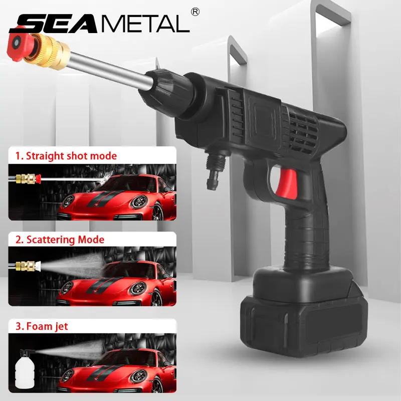 SEAMETAL 140W 60Bar Wireless High Pressure Car Wash Gun 1200mAh Foam Generator Water Gun Spray Cleaner for Car Washing Machine