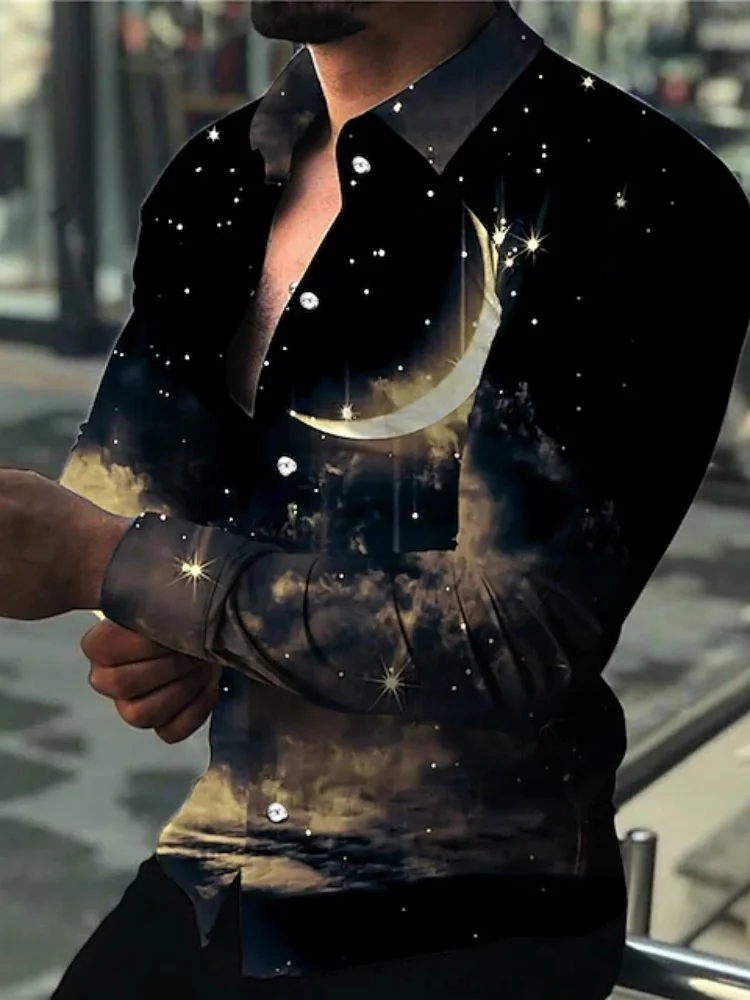 Men's black gold dazzling laser line printed long sleeved shirt with shiny reflective collar, nightclub party trendy men's top