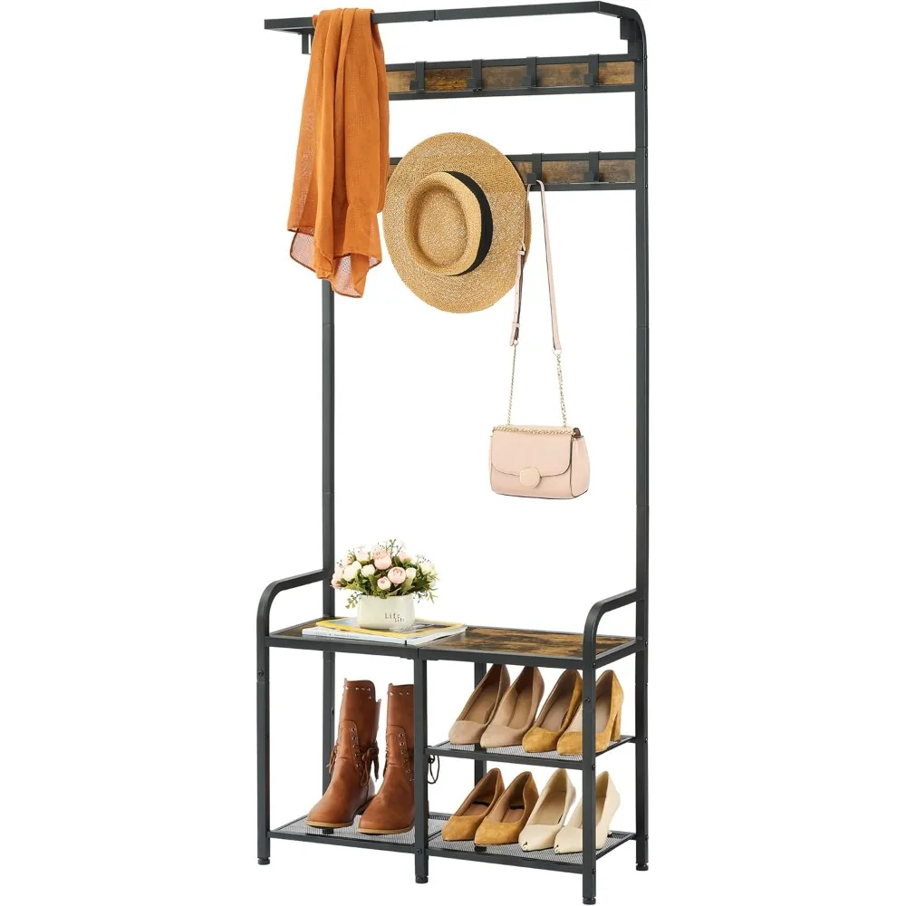 Coat Rack, Hall Tree with Shoe Bench for Entryway, 4-in-1 SCoat Rack Shoe Bench Storage for Hallway, 11.24 X 28.35 X 66.