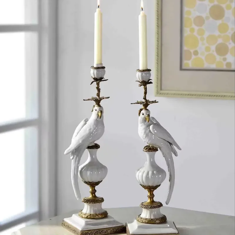 Evelyn European pure copper candlestick ornament, blue and white porcelain parrot, classic copper candlestick
