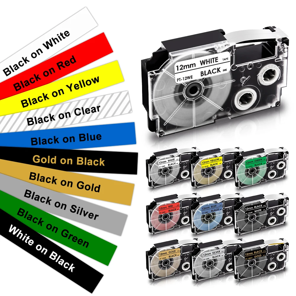 A ABColor 6/9/12mm For Casio XR-12WE XR-9WE XR-12XXR-12RD XR-12BU Label Tape XR-12YW XR-9YW XR-12GN for CASIO KL-60 Label Maker