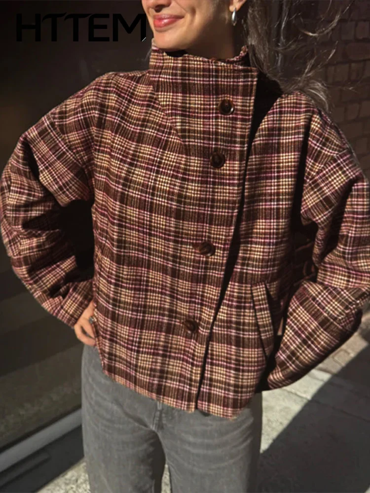 Plaid Women's Autumn Coat Casual Long Sleeve Stand-up Collar Loose Single-breasted Female Coats 2026 Winter Chic Lady Outwear
