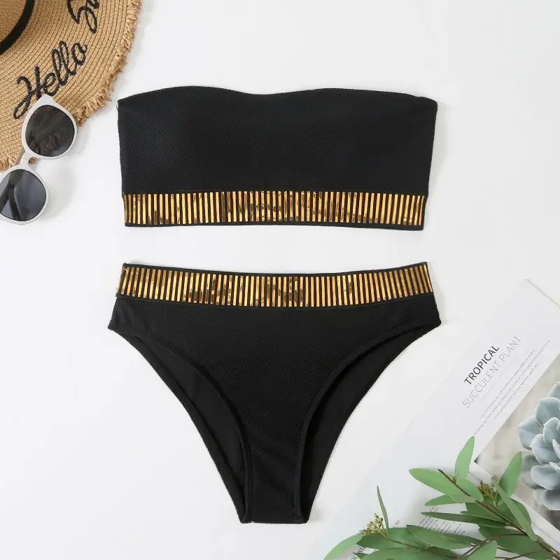 

Sexy Bandeau High Waist Bikini 2025 Women Triangle Swimsuit Stitch Detail Swimwear Padded Bathing Suit Female Solid Beachwear
