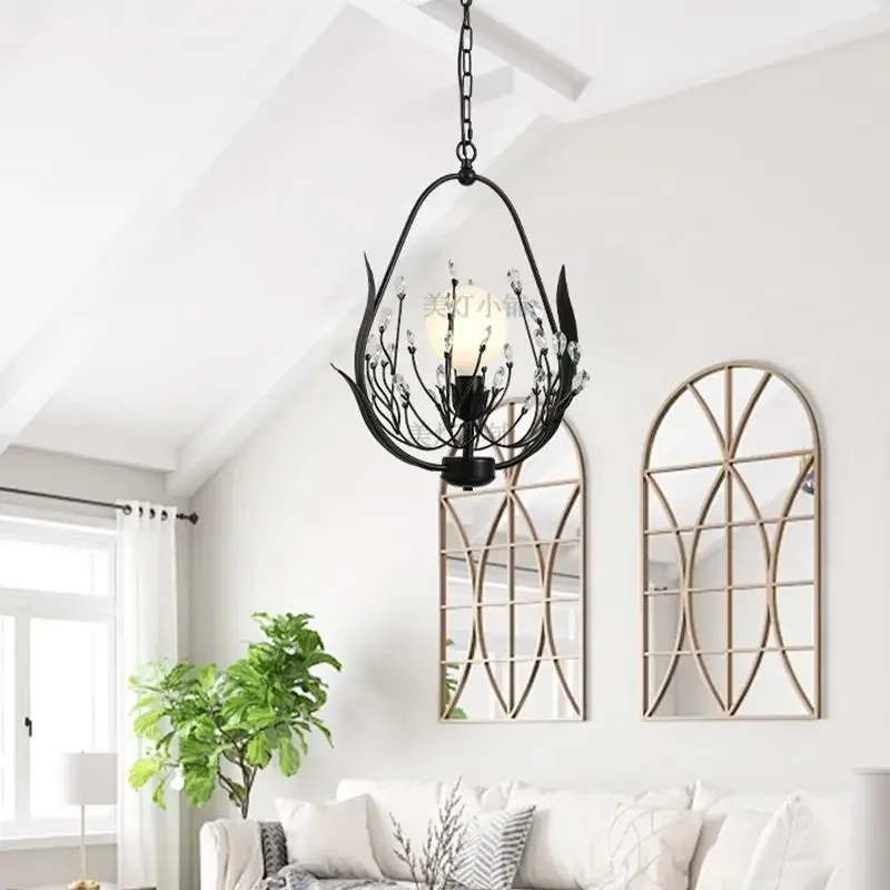 

Modern American Crystal Chandelier Iron Art Pendant Light for Restaurant Bedroom Hotel Decor Lighting