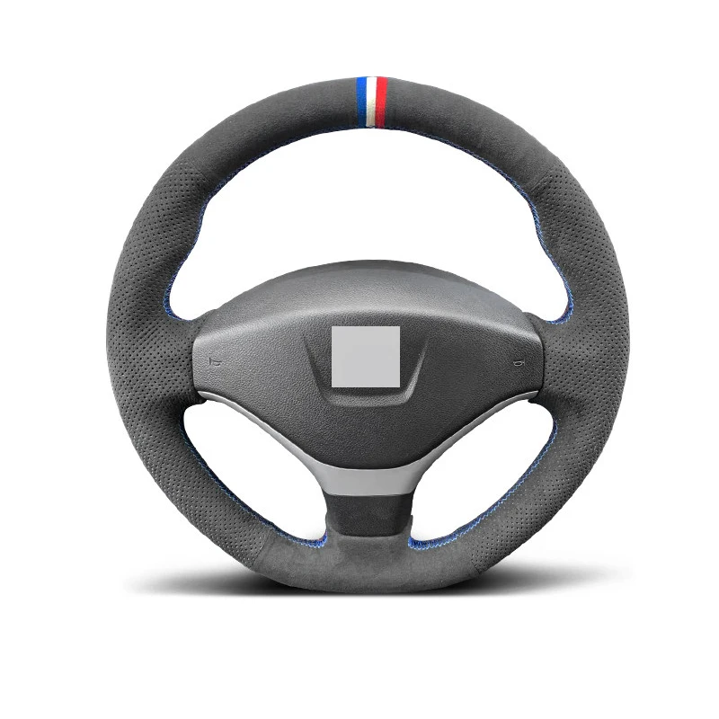 Genuine Leather Suede Steering Wheel Cover Wrap Blue Thread High Quality Car Accessories Specifically for Peugeot 308 2012-2014