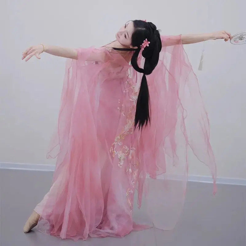 

New Classical Dance Costume Practice Performance Dancewear Fairy Embroidery Outer Flowing Large Swing Skirt Set For Women