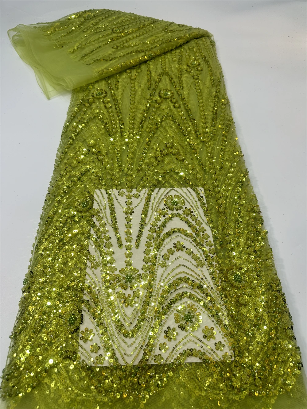 

African Lace Fabric High Quality Nigeria Oliver Orange Beaded Lace Fabric Sequins Tulle Fabric Net Sequins For Sewing 5 Yards