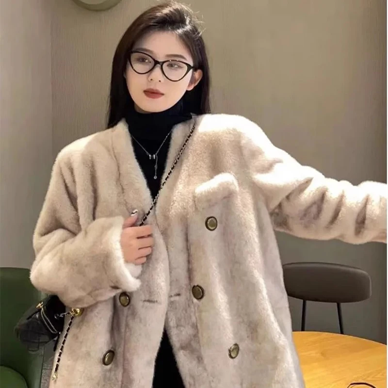 Winter High-quality Mink Short V-neck Fur One-piece Mink Plush Fur Coat for Women Jacket New Arrival