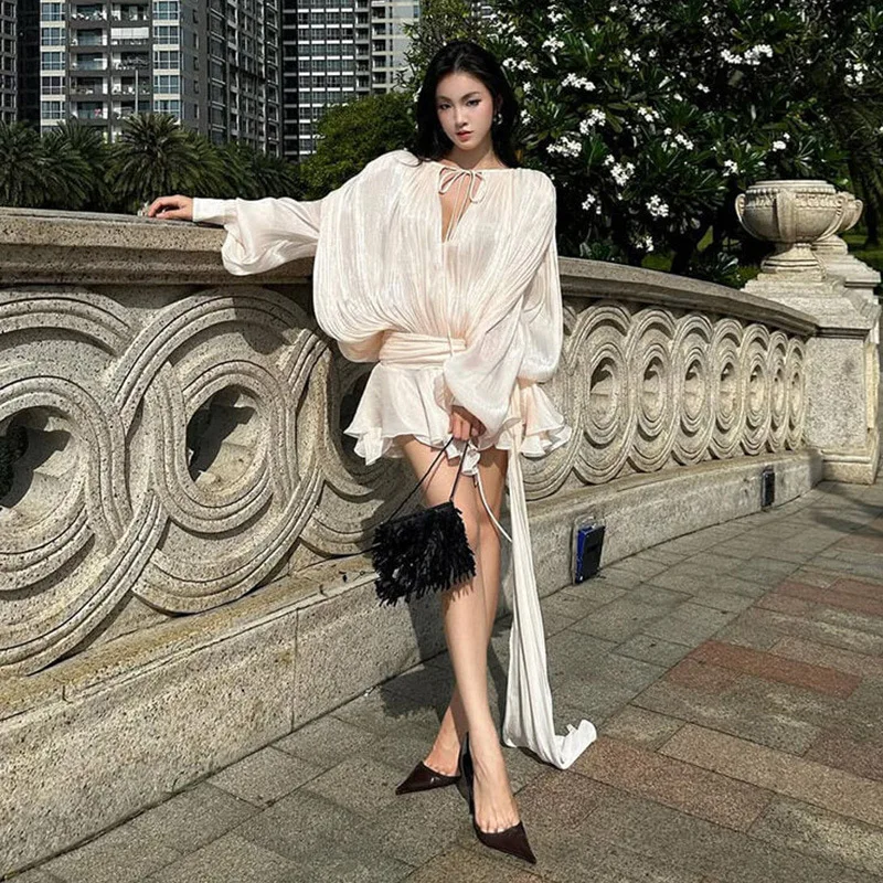 살구색 메쉬 여름 미니 드레스 여성 우아한 러플 슬림 A라인 셔츠 드레스 패션 긴팔 휴가 비치 드레스 2025