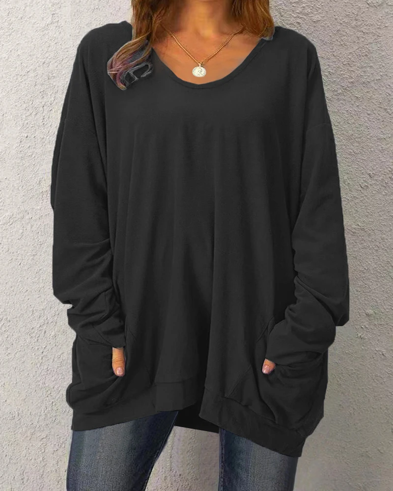 

Solid Color Round Neck Loose Casual Long Sleeve Pocket Top
