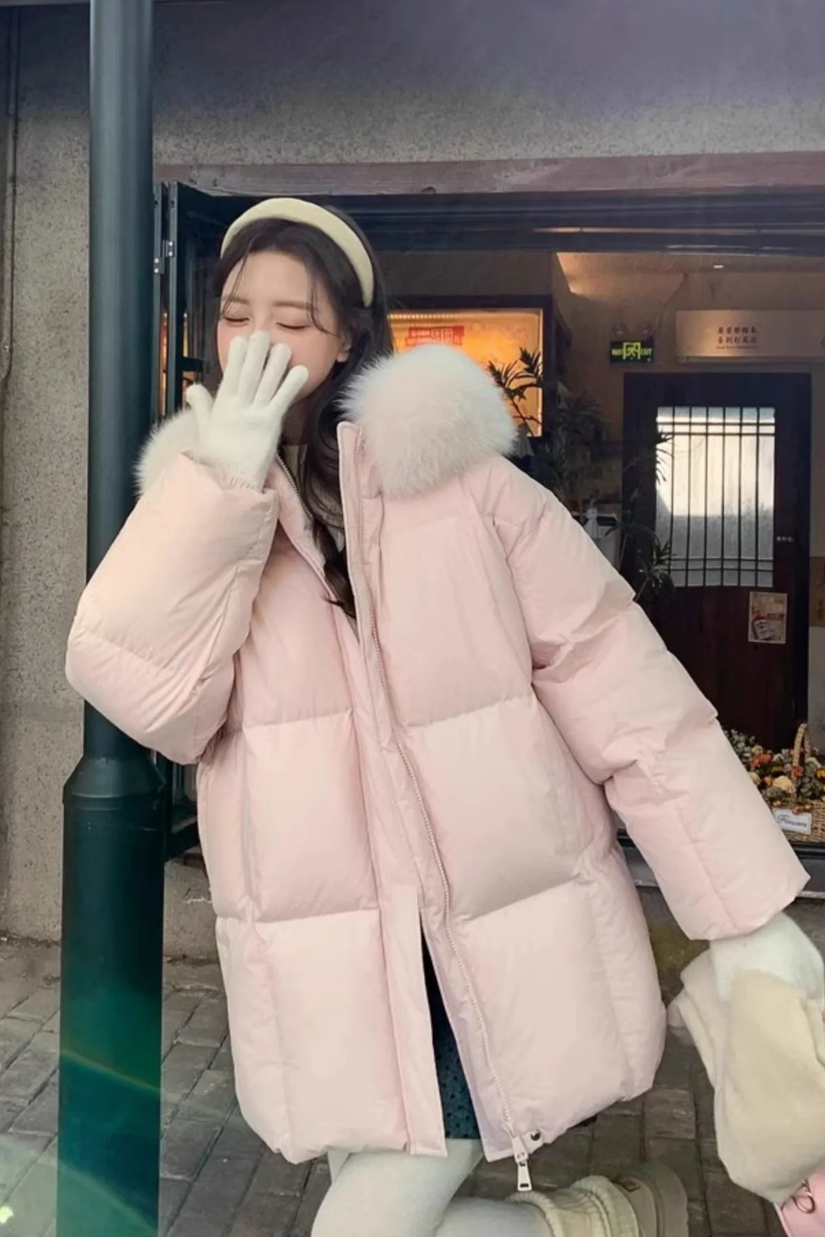 여성용 겨울 후드 핑크 푸퍼 재킷 롱 코튼 코트 두꺼운 퍼 트림 따뜻한 파카