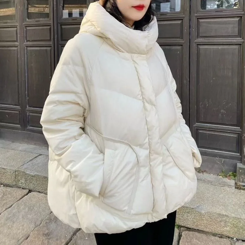겨울 신상 한국 스타일 후드 패션 캐주얼 브레드 재킷 화이트 덕 다운 재킷, 트렌디한 여성용 숏 다운 재킷